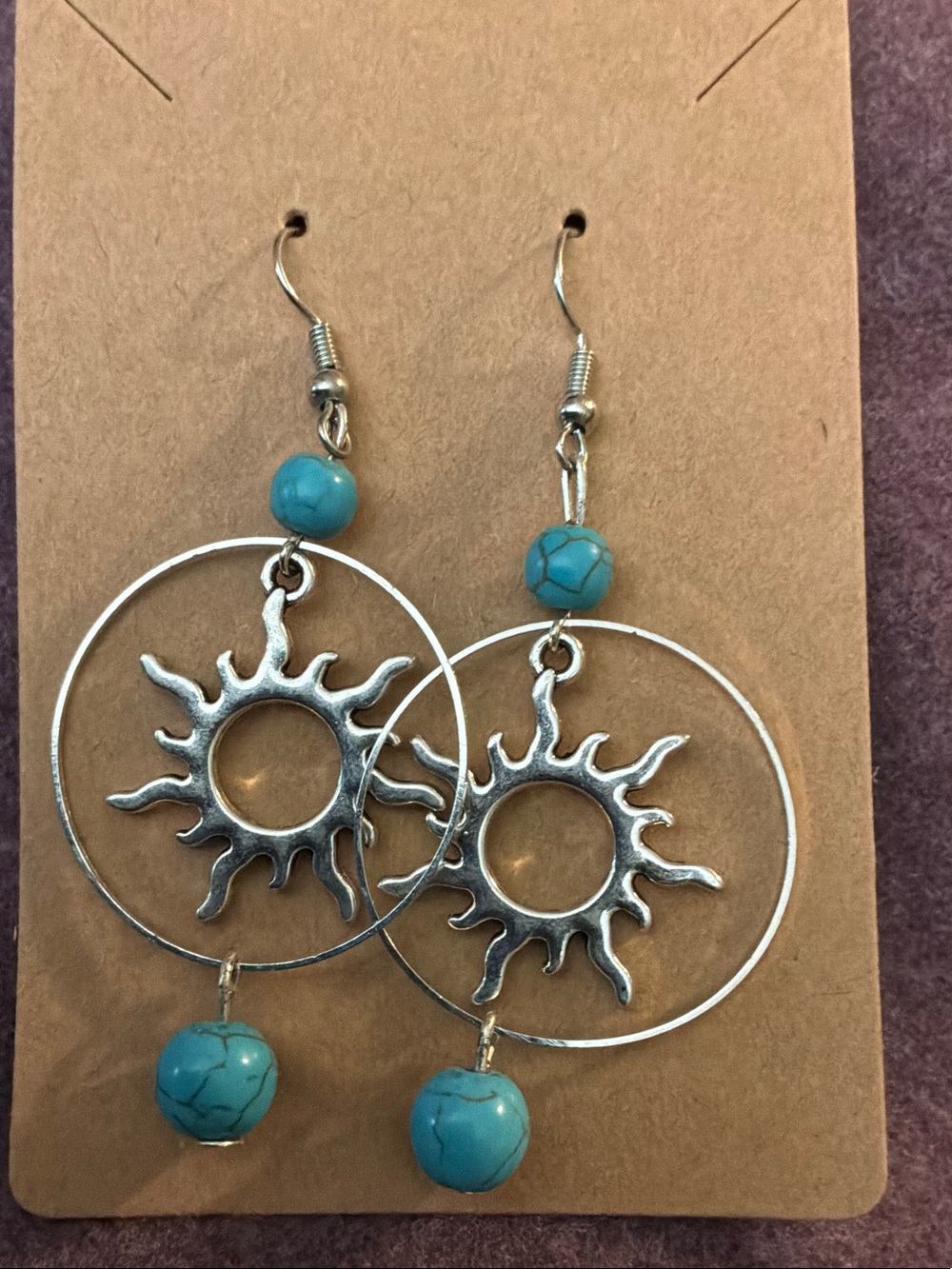 Turquoise Sunburst Hoop Dangle Earrings - Silver Tone